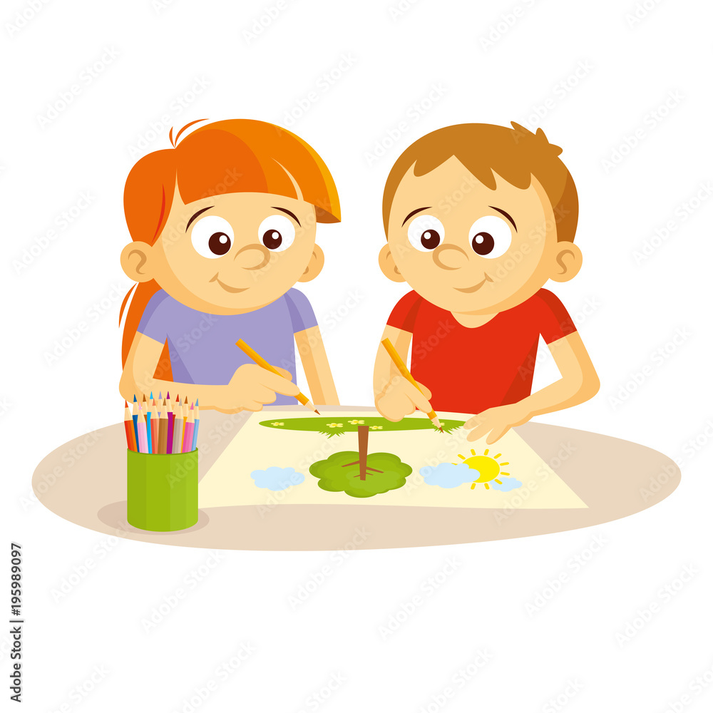 Boy and girl draw picture Vector illustration Boy and girl draw picture Vector illustration