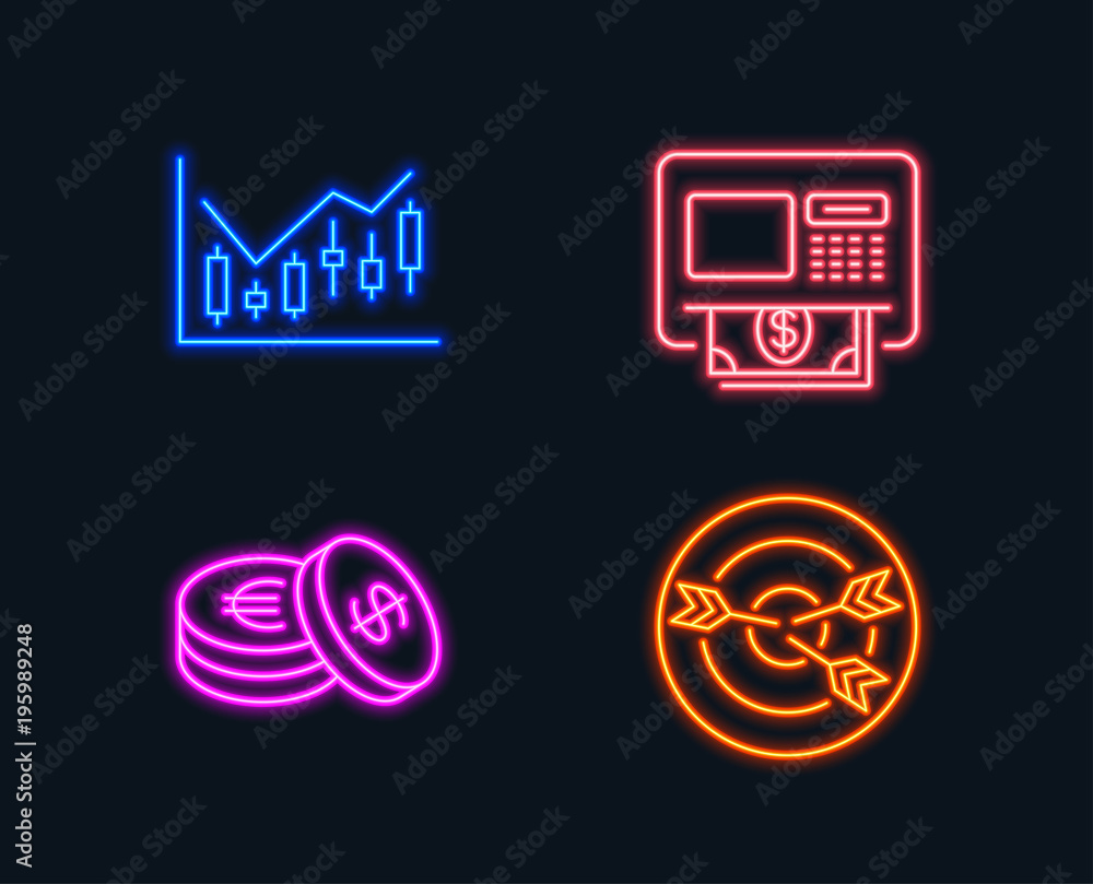 Neon lights. Set of Financial diagram, Savings and Atm icons. Targeting sign. Candlestick chart, Cash coins, Money withdraw. Target with arrows. Glowing graphic designs. Vector Neon lights. Set of Financial diagram, Savings and Atm icons. Targeting sign. Candlestick chart, Cash coins, Money withdraw. Target with arrows. Glowing graphic designs. Vector