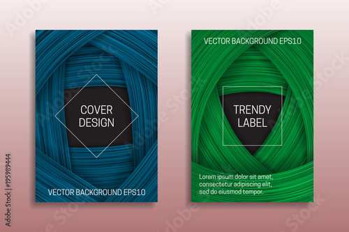 Cover templates with volumetric strokes. Trendy brochure or packaging backgrounds in blue and green shades.