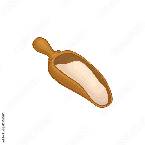 Icon of brown wooden scoop shovel with flour from wheat grains. Natural product. Baking ingredient. Decorative element for poster or banner. Hand drawn vector design