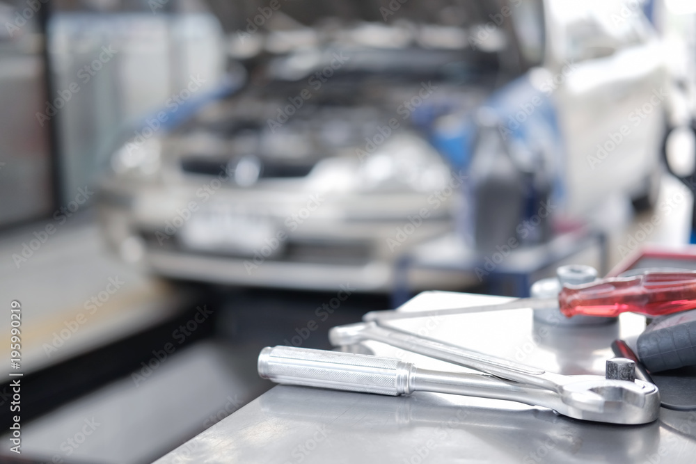 Set of repairing tools in workshop