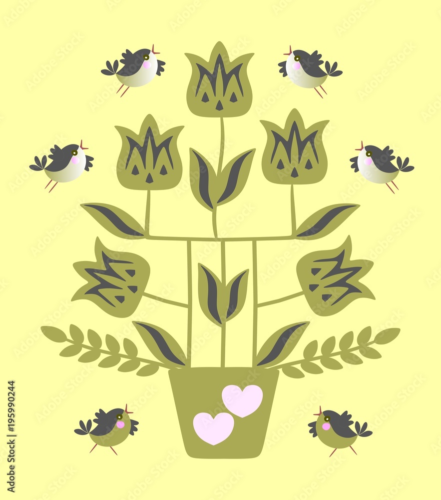 Obraz premium Cute card for valentine's day. Tulip tree in flower pot with hearts and cheerful little birds on yellow background in vextor.