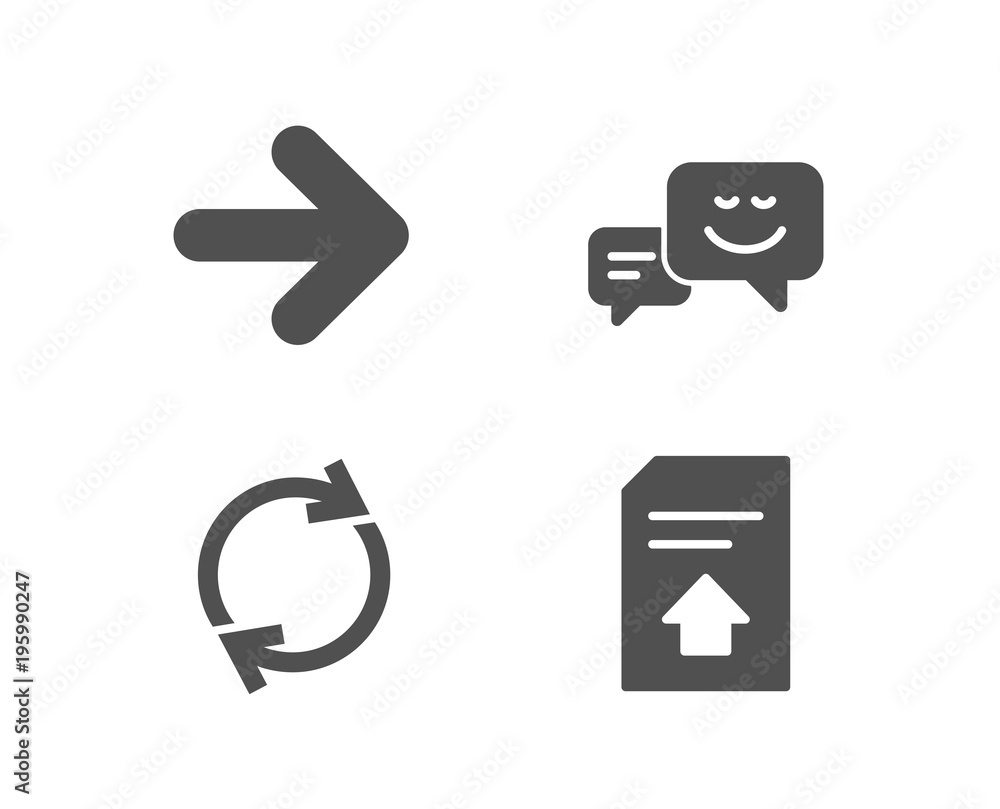 Set of Happy emotion, Next and Full rotation icons. Upload file sign. Web chat, Forward, Refresh or reload. Load document. Quality design elements. Classic style. Vector Set of Happy emotion, Next and Full rotation icons. Upload file sign. Web chat, Forward, Refresh or reload. Load document. Quality design elements. Classic style. Vector