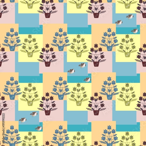 Tulip trees in flowerpots and funny birds on multicolor abstract geometric background. Seamless spring pattern. Curtain, wallpaper, print for fabric.