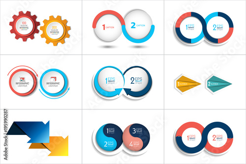 Mega set of two elements, steps chart, diagram, scheme. Circle, round design.