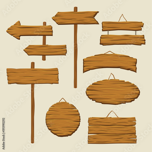 Set of wooden signboards and direction arrows. Blank advertising billboards made out of wood. Signs with place for messages. Detailed vector elements