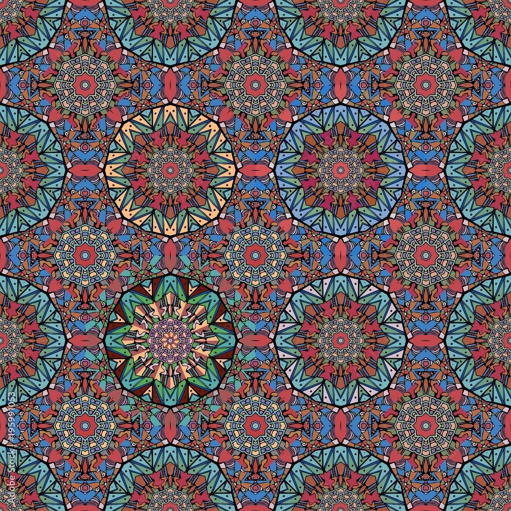 Seamless multicolor abstract pattern with stylized flower mandala in vector. Indian, arabic, damask motives. Ornamental print for fabric.