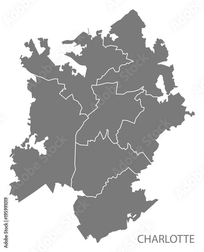 Charlotte North Carolina city map with boroughs grey illustration silhouette shape