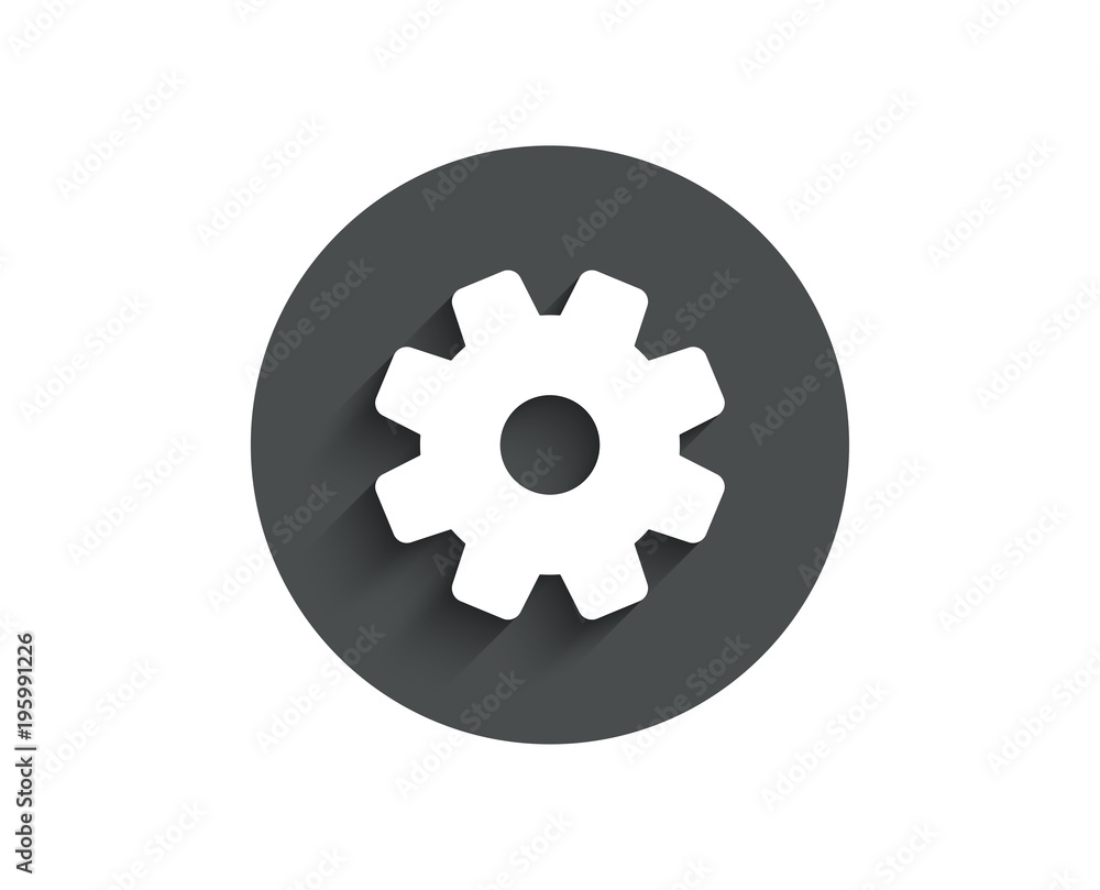 Cogwheel simple icon. Service sign. Transmission Rotation Mechanism symbol. Circle flat button with shadow. Vector Cogwheel simple icon. Service sign. Transmission Rotation Mechanism symbol. Circle flat button with shadow. Vector