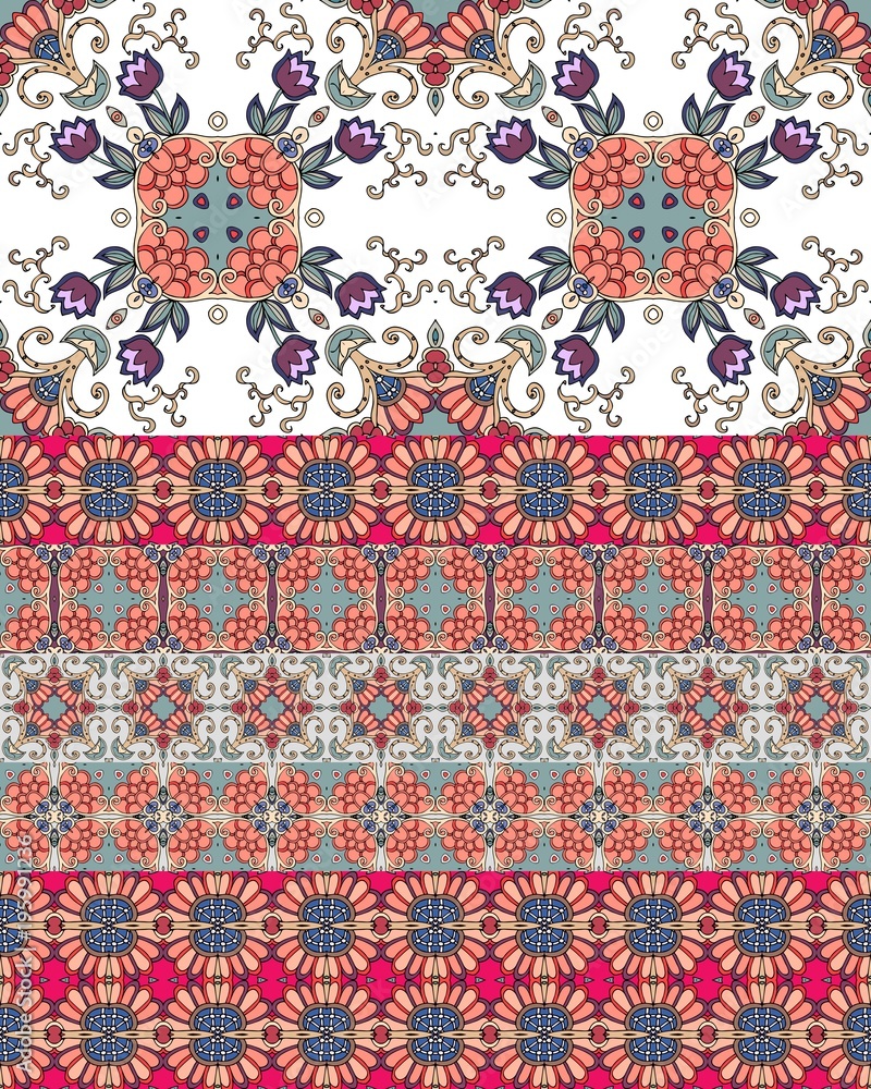 Ethnic endless ornamental pattern with tulip flowers and bright border. Print for fabric. Vector design. Ethnic endless ornamental pattern with tulip flowers and bright border. Print for fabric. Vector design.