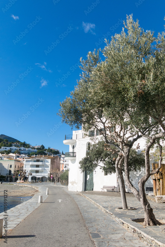 Typical white Mediterranean promenade, in the village of Cadaques, on the Costa Brava of Spain