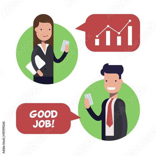 Interaction between two employees of businessmen or managers. The boss praises the subordinate. Working conditions. Flat vector illustration.