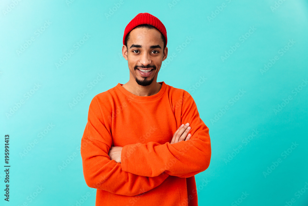 Fototapeta premium Close up portrait of a smiling young afro american man