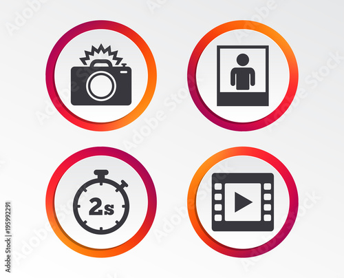 Photo camera icon. Flash light and video frame symbols. Stopwatch timer 2 seconds sign. Human portrait photo frame. Infographic design buttons. Circle templates. Vector