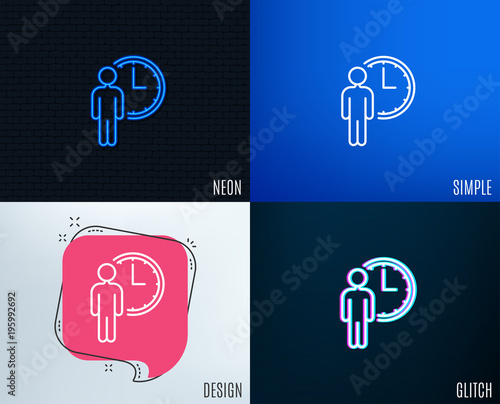 Glitch, Neon effect. Person waiting line icon. Service time sign. Clock symbol. Trendy flat geometric designs. Vector