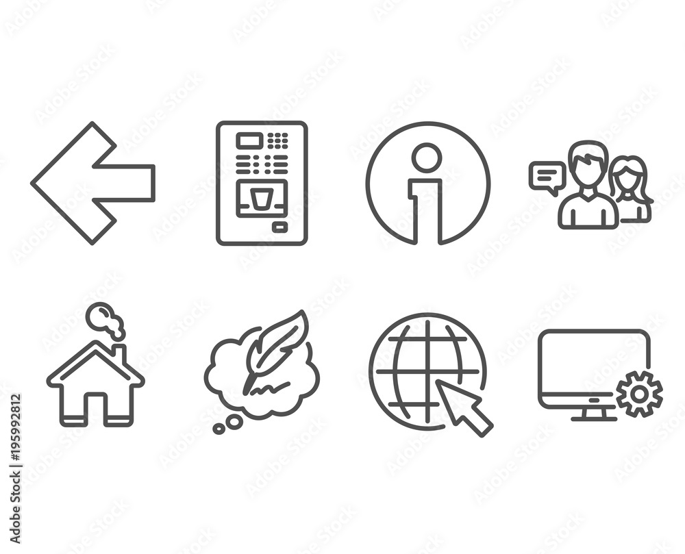 Set of Left arrow, Сopyright chat and Internet icons. Coffee vending, People talking and Monitor settings signs. Direction arrow, Speech bubble, World web. Vector Set of Left arrow, Сopyright chat and Internet icons. Coffee vending, People talking and Monitor settings signs. Direction arrow, Speech bubble, World web. Vector