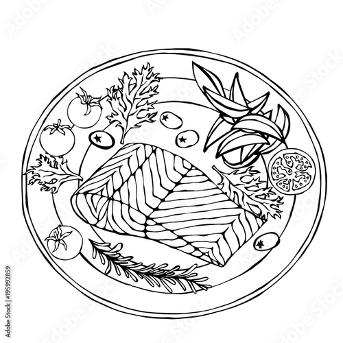 Salmon Filet on a Plate with Potato Wedges, Tomatoes and Herbs. Roasted Fish Cut. Seafood Logo. Sea Restaurant Menu. Festive Dinner. Hand Drawn Illustration. Savoyar Doodle Style.