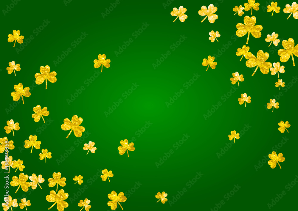 Clover background for Saint Patricks Day. Lucky trefoil confetti. Glitter frame of shamrock leaves. Template for gift coupons, vouchers, ads, events. Dublin clover background. Clover background for Saint Patricks Day. Lucky trefoil confetti. Glitter frame of shamrock leaves. Template for gift coupons, vouchers, ads, events. Dublin clover background.