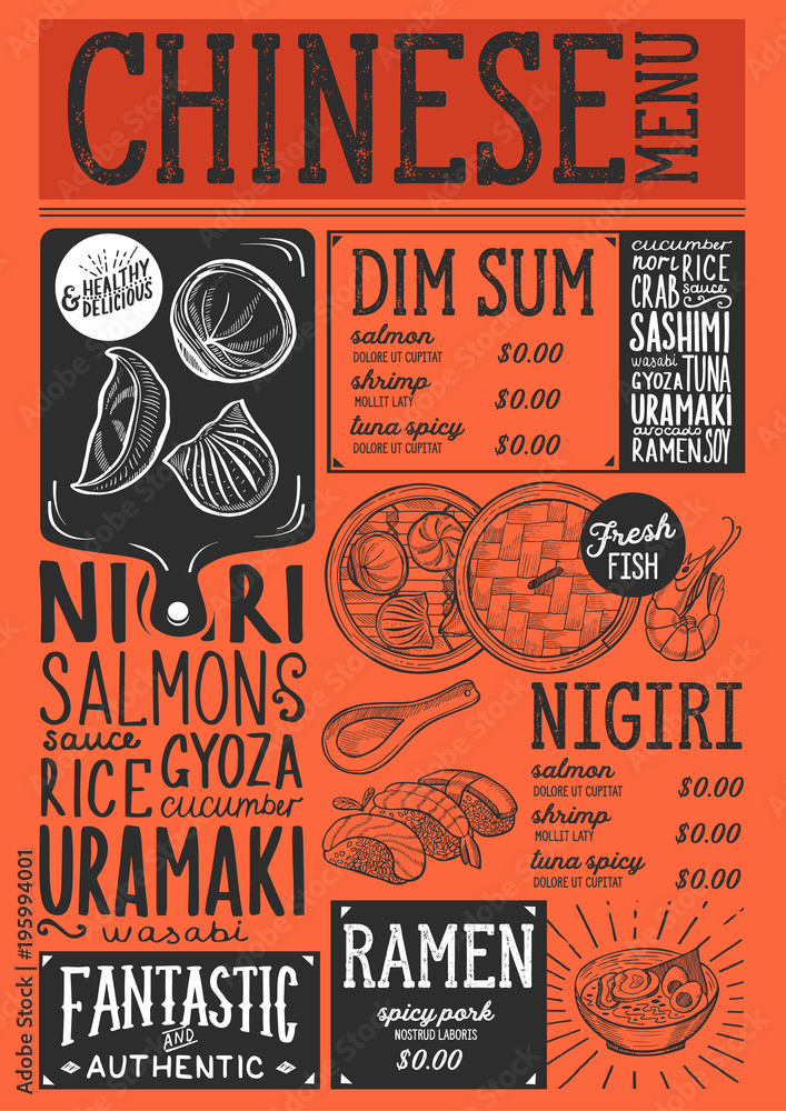 Plakat Menu japońskiej restauracji sushi. Wektor chiński ulotki dim sum żywności. Szablon projektu z rocznika ilustracje rysowane ręcznie.