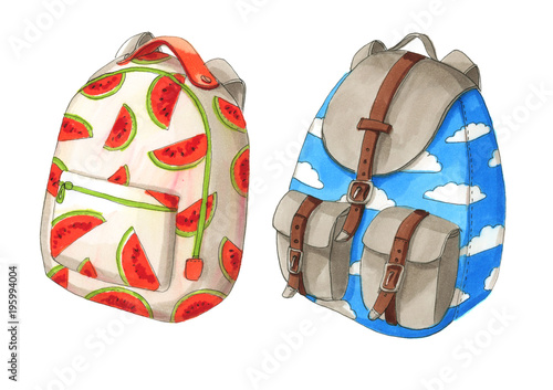 Set of colorful backpacks with red melon ans clouds isolated on white background photo