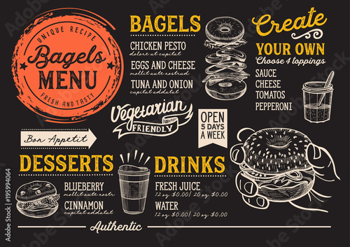Bagels restaurant menu. Vector sandwich food flyer for bar and cafe. Design template with vintage hand-drawn illustrations.