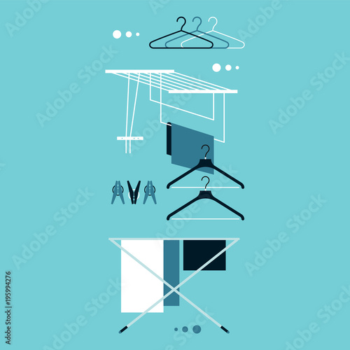 Dryer clothes, clothespins, hangers. Flat vector icons.