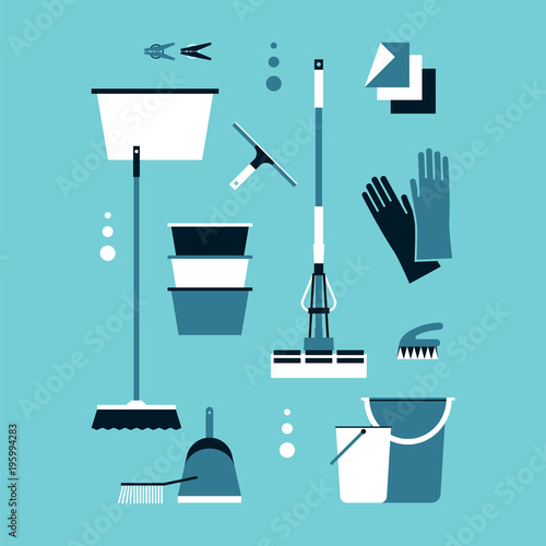 A set of accessories for cleaning. Brushes, a mop, latex gloves, buckets, a scoop, a basin, clothespins, a wiper. Flat icons. Vector illustration.