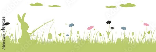 Happy Easter. Field with rabbit fishing Easter eggs, butterfly and flowers.