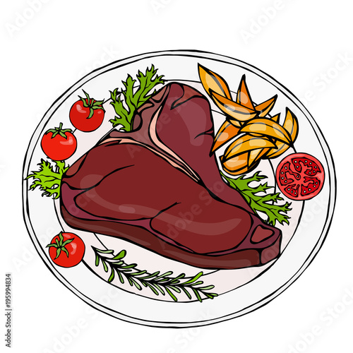 Grilled or Fried Porterhouse Steak on a Plate with Potato Wedges, Tomatoes and Herbs. Steak Dinner. Ready Meal. Steak House Meat Restaurant Menu Logo. Hand Drawn Illustration. Savoyar Doodle Style
