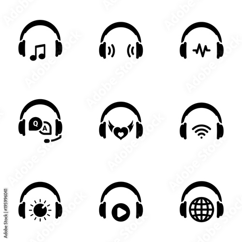 Set of black icons isolated on white background, on theme Headphones