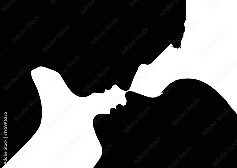 Pareja, beso, siluetas, blanco y negro, perfiles, cabezas, cariño, hombre,  mujer ilustración de Stock | Adobe Stock