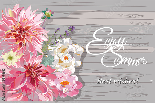 Fototapeta Naklejka Na Ścianę i Meble -  Series of greeting backgrounds with summer and spring flowers. Floral decorations with peonies, roses and dahlias. Vector illustration.
