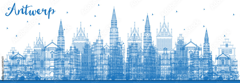 Outline Antwerp Belgium City Skyline with Blue Buildings.
