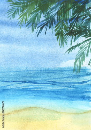 Real watercolor sketchy coastline with green palm trees. Hand drawn landscape background. © Olga