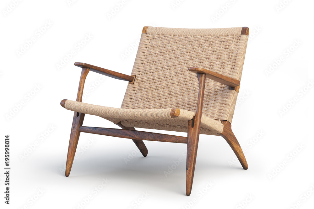 Wooden armchair. Modern wicker armchair 3d render - obrazy, fototapety, plakaty 