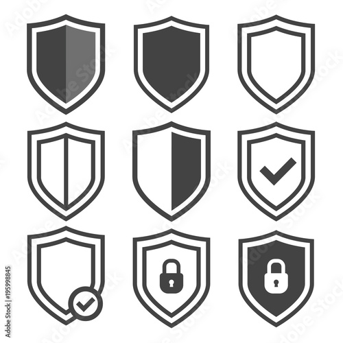 Vector shield icon set. Security vector icons. Protection logos. Shield vector icon collection. Сryptocurrency protection sign. Reliability crypto wallet. Crypto currency security web buttons.