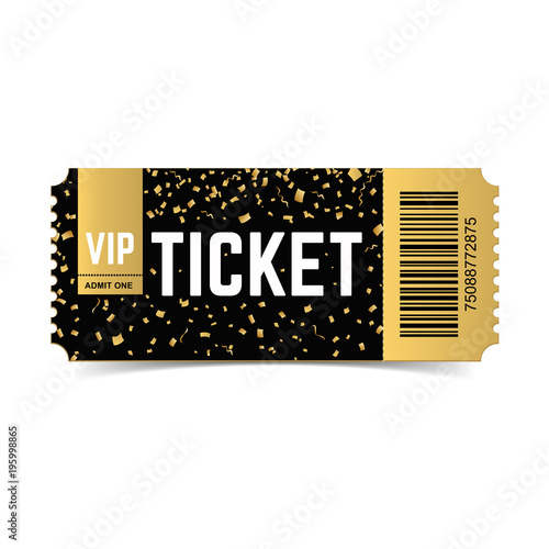Golden vector vip ticket. Realistic 3d design with gold confetti on white background. Concert, cinema, movie, party, event, dance, festival premium collection. 