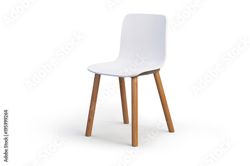 Modern white chair. Wooden base. 3d render