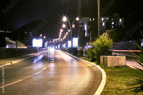 Night street in the town of Budva. Montenegro, Balkans, Europe.