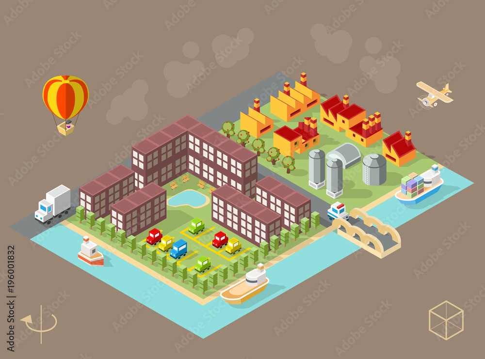 Set of Isolated Isometric Minimal City Elements . Town with Shadows on Dark Background