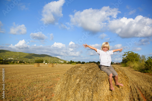 Little smiling boy in wheat field on a summer sunny day © oksanatrautwein