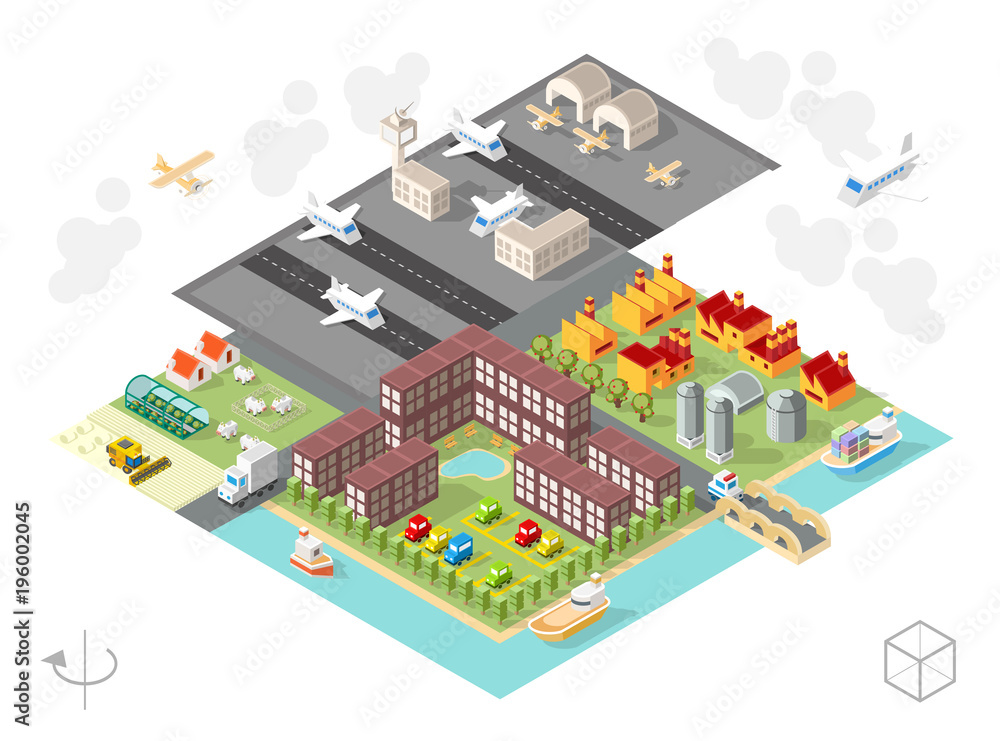 Set of Isolated Isometric Minimal City Elements . Town with Shadows on White Background