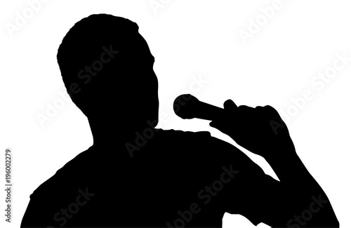Black vector silhouette of man singing to microphone isolated on white background