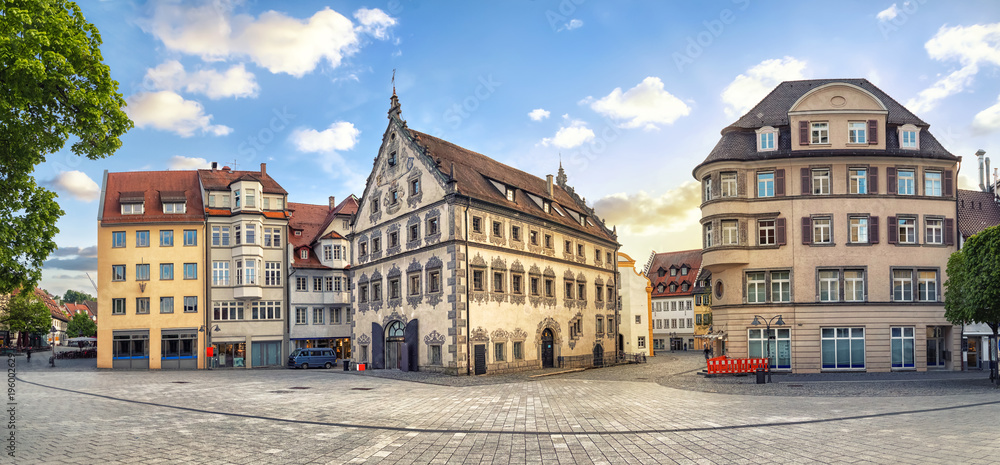 Panoramic view of old buildings on Marienplatz square on the center of Ravensburg, Baden-Wurttemberg, Germany - obrazy, fototapety, plakaty 