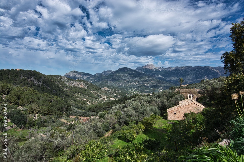 landscape with hermitage and mountains in Sierra de Tramuntana; Majorca