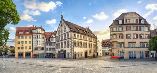 Panoramic view of old buildings on Marienplatz square on the center of Ravensburg, Baden-Wurttemberg, Germany
