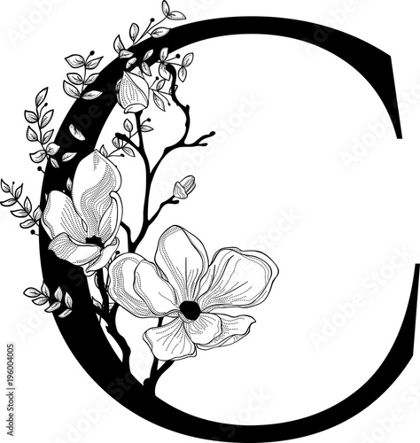 Vector Hand Drawn floral C monogram and logo