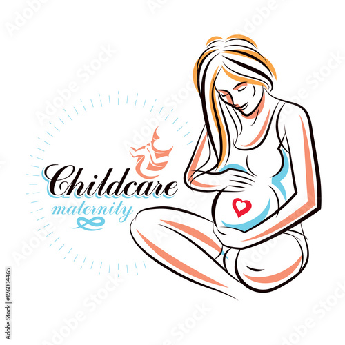 Pregnant female beautiful body outline, mother-to-be drawn vector illustration. Maternity hospital advertising flyer