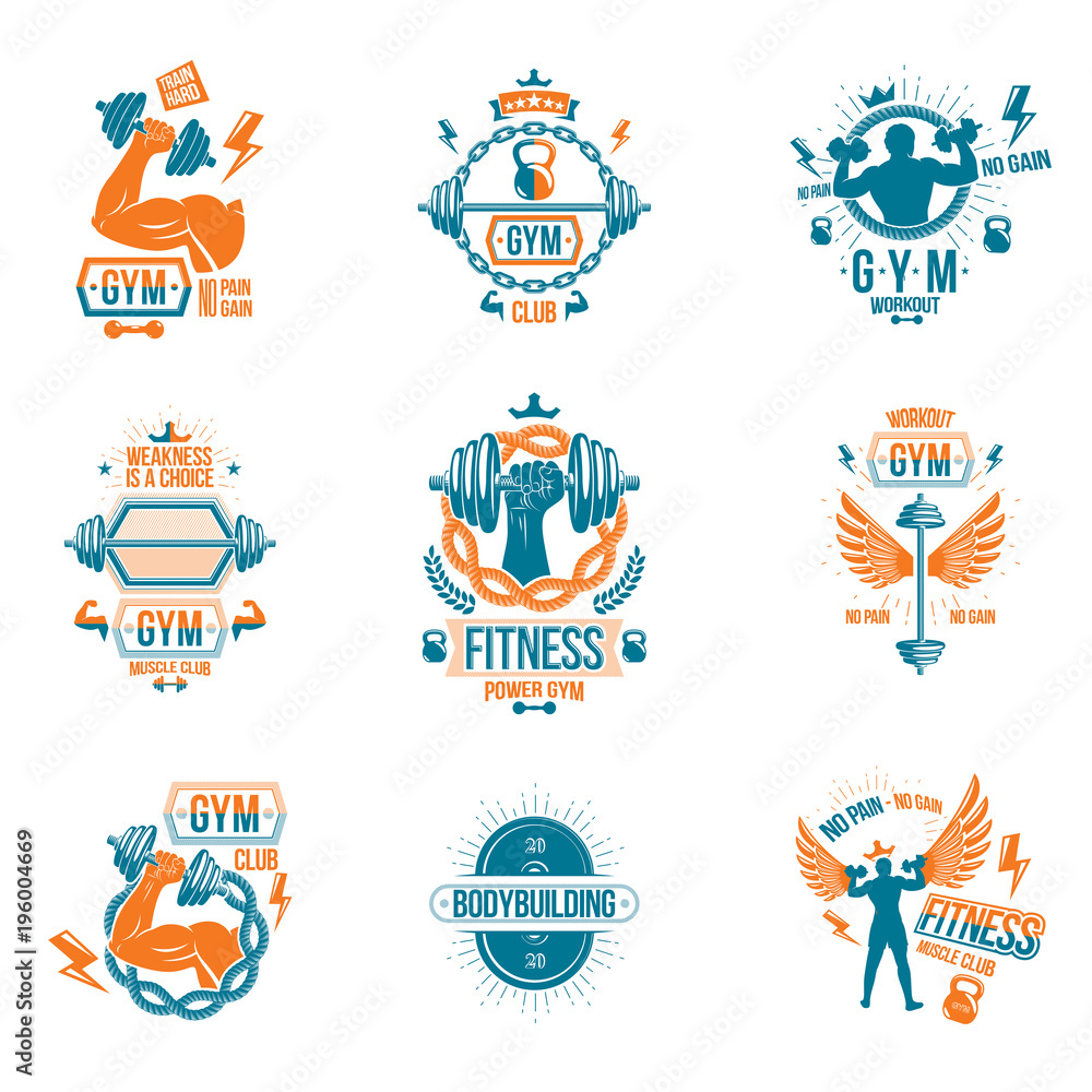 © Sylverarts - Vector weightlifting theme logotypes and inspirational leaflets collection made using dumbbells, barbells, disc weights sport equipment and strong man perfect body. © Sylverarts - Vector weightlifting theme logotypes and inspirational leaflets collection made using dumbbells, barbells, disc weights sport equipment and strong man perfect body.