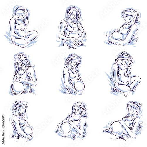 Collection of vector hand-drawn illustration of pregnant elegant woman expecting baby, sketch. Love and fondle theme.